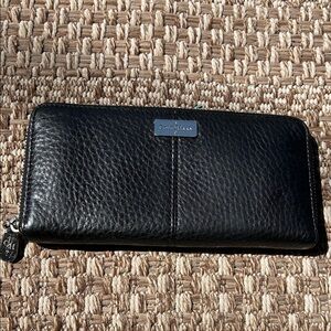 Cole Haan Black Pebbled Leather Zip around Wallet with Metal Logo